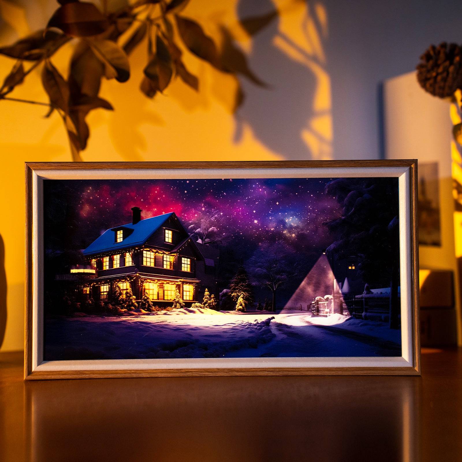 Snow Night Cabin LED Light Painting Lamp Artwork Night Light  landscape series